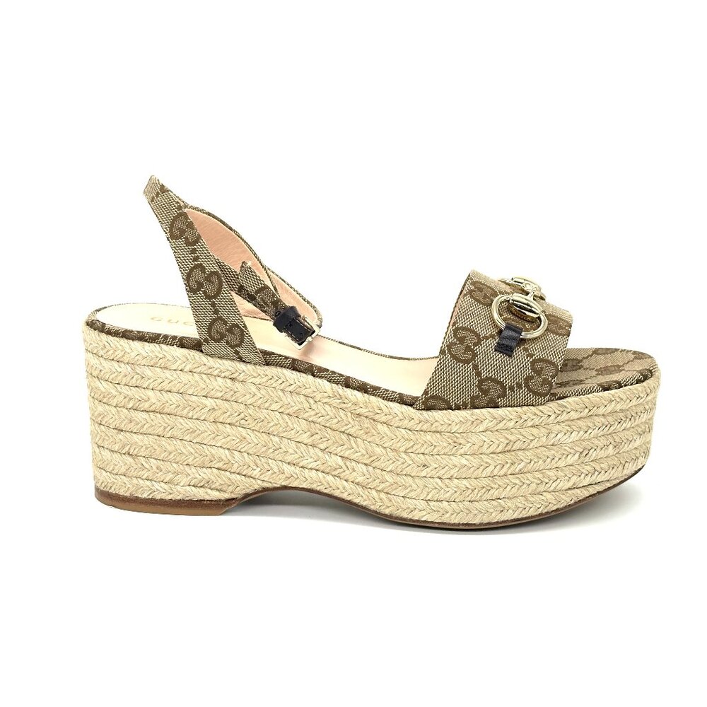 Gucci Horsebit GG Supreme Platform Espadrille Wedge Heel Sandals Shoes - Picture 12 of 16